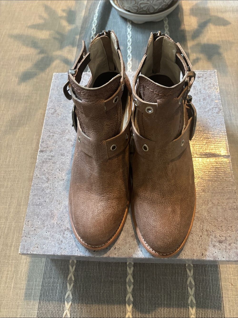 Freebird by Steven Carson Brown Leather Buckle Ankle Boots with Grommet Detail. - Picture 2 of 6